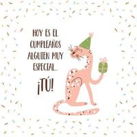 Feliz cumpleanos amiga jungle birthday poster Feliz Cumpleanos means Happy Birthday my friend in Spanish. Pink leopard with gift, confetti. Birthday celebration card. Vector illustration. Pink jaguar.