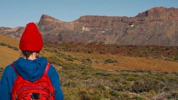 escursioni a piedi donna potabile acqua dopo escursione su teide, tenerife. caucasico femmina turista su tenerife, canarino isole video