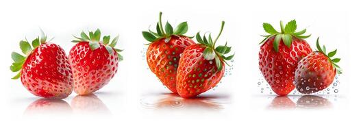 fresas con agua gotas en aislado blanco antecedentes. computadora generado frutas con oscuridad y reflexiones ai generado. 3d hacer imagen gráfico. foto