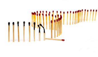 Row of burning matches and all matches on white background. spread of fire one match isolated to stop fire concept of the power of difference photo