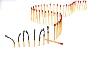 Row of burning matches and all matches on white background. spread of fire one match isolated to stop fire concept of the power of difference photo