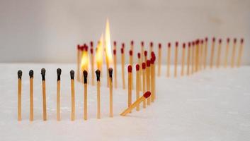 Row of burning matches and all matches on white background. spread of fire one match isolated to stop fire concept of the power of difference photo