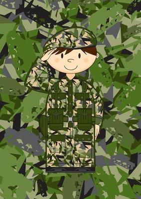 Cartoon Saluting Army Soldier on Camo Background Military History Illustration
