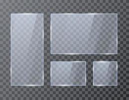 Set of empty glass geometric rectangle banners. Glossy frame template with reflection. Vector