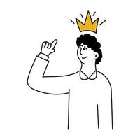 A man with a crown on his head and points to her hand. Positive self-esteem and successful leader man. Positive mood in the office. Vector illustration