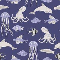 Seamless pattern with hand drawn sea creatures such as octopus, fish, jellyfish, dolphin, flying fish. Cute marine characters vector