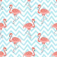 Pink flamingo seamless pattern on blue zig zag background. Tropical cute print. Funny summer hawaii exotic design. Pink flamingo geometric illustration for textile, cloth, decor fabric texture. vector