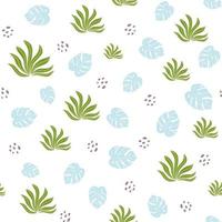 Green tropical plants background. Tropical seamless pattern, blue monstera leaf on white background. Cute jungle print. Summer vibes fabric design. Simple illustration for wallpaper, textile, fabric. vector