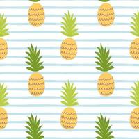 Beach summer pattern with pineapple. Cute tropical fruit on blue lines seamless background. Fabric textile fruit patterns design. Tropical exotic fruits print Striped illustration. Pineapple wallpaper vector