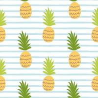 Beach summer pattern with pineapple. Cute tropical fruit on blue lines seamless background. Fabric textile fruit patterns design. Tropical exotic fruits print Striped illustration. Pineapple wallpaper vector