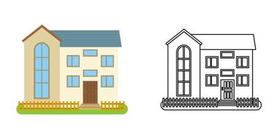 House front view in flat and line style on white background. Isolated cottage and real estate building facade. Vector illustration