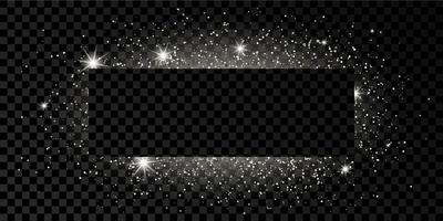 Silver rectangle frame with glitter, sparkles and flares on dark vector