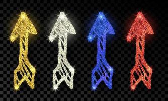 Set of four doodle hand drawn arrows with gold, silver, blue and red glitter effect on dark vector