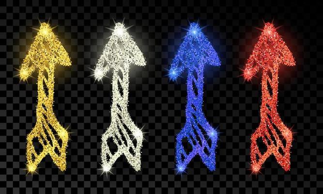 Set of four doodle hand drawn arrows with gold, silver, blue and red glitter effect on dark