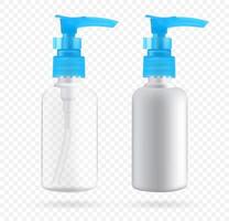 Cosmetic bottle with dispenser for soap and cosmetics. Mockup of packaging for liquids. Vector 3d illustration.