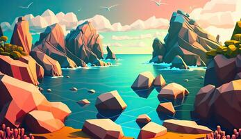 . . Low Poly cartoon kid style beach sand sea seaside island. Can be used for home decoration or adventure trip inspiration. Graphic Art photo