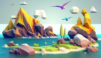 . . Low Poly cartoon kid style beach sand sea seaside island. Can be used for home decoration or adventure trip inspiration. Graphic Art photo
