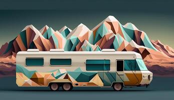 . . Low Poly cartoon kid style camper rv van with mountains. Can be used for adventure inspiration or decoration. Graphic Art photo