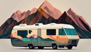 . . Low Poly cartoon kid style camper rv van with mountains. Can be used for adventure inspiration or decoration. Graphic Art photo