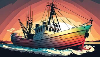 . . Fishing boat at sunset sea ocean. Can be used for graphic design or home decor. Graphic photo