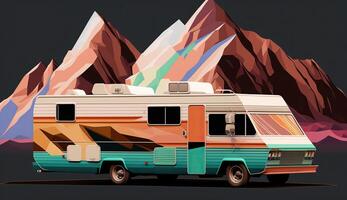 . . Low Poly cartoon kid style camper rv van with mountains. Can be used for adventure inspiration or decoration. Graphic Art photo