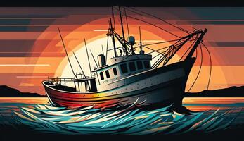 . . Fishing boat at sunset sea ocean. Can be used for graphic design or home decor. Graphic photo