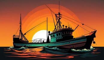 . . Fishing boat at sunset sea ocean. Can be used for graphic design or home decor. Graphic photo