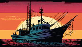 . . Fishing boat at sunset sea ocean. Can be used for graphic design or home decor. Graphic photo