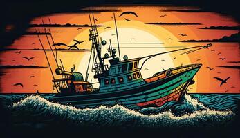 . . Fishing boat at sunset sea ocean. Can be used for graphic design or home decor. Graphic photo