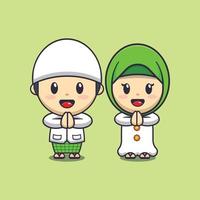 cute boy and girl in ramadhan. Ramadan cartoon mascot vector illustration.