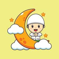 Cute boy with moon in ramadan. Ramadan cartoon mascot vector illustration.