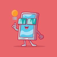 Smart Phone character with glasses pointing to a light bulb. Learning, education design concept. vector