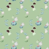 Watercolor seamless pattern with hand drawn traditional Japanese sweets. Wagashi, mochi, summer flowers. Isolated on color background. Invitations, restaurant menu, greeting cards, print, textile vector