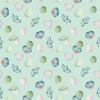 Watercolor seamless pattern with hand drawn traditional Japanese sweets. Wagashi, mochi, summer flowers. Isolated on color background. Invitations, restaurant menu, greeting cards, print, textile vector