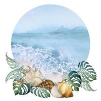 Hand drawn watercolor composition. Seascape with beach surf, wave, sea shells on monstera leaves. Isolated on white background. Wall art, wedding, print, fabric, cover, card, tourism, travel booklet. vector