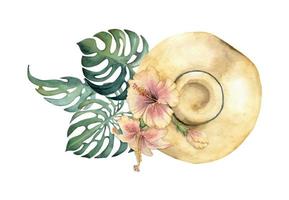 Hand drawn watercolor composition. Straw sun hat, exotic hibiscus flower, monstera leaves. Isolated on white background. Design wall art, wedding, print, fabric, cover, card, tourism, travel booklet. vector