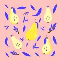 Bright illustration with ripe pears on a pink background with blue leaves. Hand drawn stylish image for print. vector