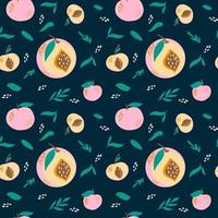 Hand drawn wallpaper with pink peaches and leaves on dark background. Seamless pattern for print on thextile or fabric. vector