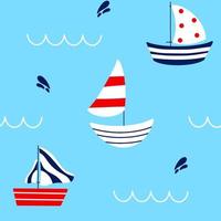 Hand drawn boats isolated on blue background. Childish seamless pattern on sea theme for printing on  textile. vector