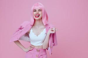 Caucasian woman with pink hair and outfit photo