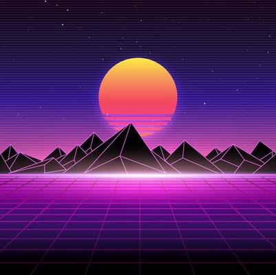 Retro landscape skyline with neon light grid, sunset and mountains. Sci-fi, futuristic illustration. Retrowave, synthwave or vaporwave 80's