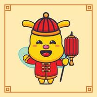 Cute bee holding lantern in chinese new year. vector