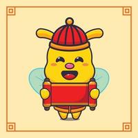Cute bee holding red banner in chinese new year. vector