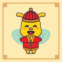 Cute bee  with red chinese costum in chinese new year. vector