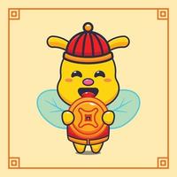 Cute bee with gold coin in chinese new year. vector