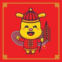 Cute bee playing firecrackers in chinese new year. vector