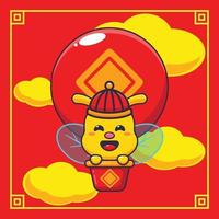 Cute bee fly with air balloon in chinese new year. vector