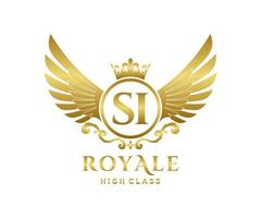 Golden Letter SI template logo Luxury gold letter with crown. Monogram alphabet . Beautiful royal initials letter. vector