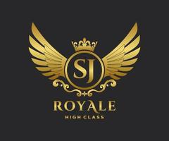 Golden Letter SJ template logo Luxury gold letter with crown. Monogram alphabet . Beautiful royal initials letter. vector