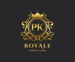 Golden Letter PK template logo Luxury gold letter with crown. Monogram alphabet . Beautiful royal initials letter. vector